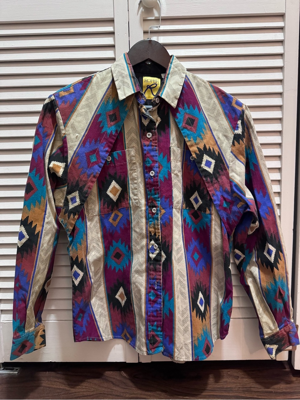 Roper Aztec-Stripe Button Down Shirt in Teal, Purple, Tan